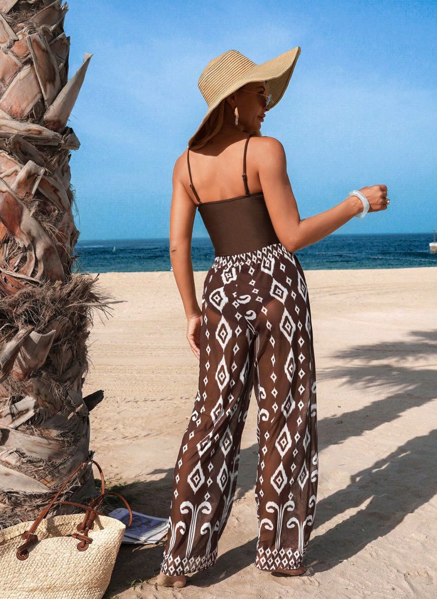 Conjunto Kiara Chocolate Maiô com Contas e Calça Pantalona Boho, Baha Morenna