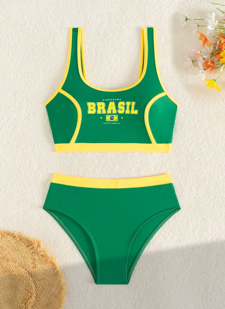 Biquíni Brasil Aruana Top Cropped Esportivo e Tanga Cintura Alta, Baha Morenna