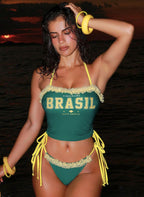 Biquíni Brasil Raíra Top Cropped com Renda e Tanga de Amarrar, Baha Morenna