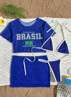 Conjunto Brasil Teçá 4 Peças Biquíni Cropped e Saia em Tule, Baha Morenna