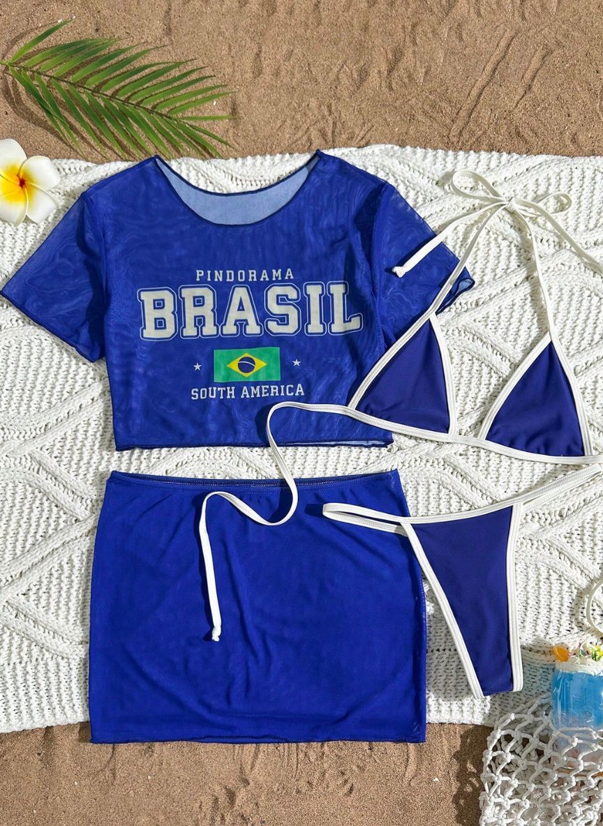 Conjunto Brasil Teçá 4 Peças Biquíni Cropped e Saia em Tule, Baha Morenna