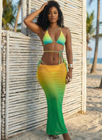 Conjunto Alexandra: biquíni cortininha e saia longa em tule com degradê vibrante do amarelo ao verde. O look "Tropical Glow" completo para o seu verão, Bara Morenna.