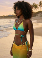 Conjunto Alexandra: biquíni cortininha e saia longa em tule com degradê vibrante do amarelo ao verde. O look "Tropical Glow" completo para o seu verão, Bara Morenna.