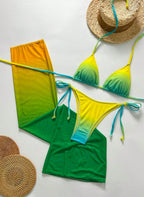 Conjunto Alexandra: biquíni cortininha e saia longa em tule com degradê vibrante do amarelo ao verde. O look "Tropical Glow" completo para o seu verão, Bara Morenna.