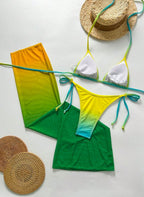 Conjunto Alexandra: biquíni cortininha e saia longa em tule com degradê vibrante do amarelo ao verde. O look "Tropical Glow" completo para o seu verão, Bara Morenna.