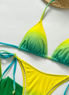Conjunto Alexandra: biquíni cortininha e saia longa em tule com degradê vibrante do amarelo ao verde. O look "Tropical Glow" completo para o seu verão, Bara Morenna.