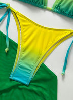 Conjunto Alexandra: biquíni cortininha e saia longa em tule com degradê vibrante do amarelo ao verde. O look "Tropical Glow" completo para o seu verão, Bara Morenna.