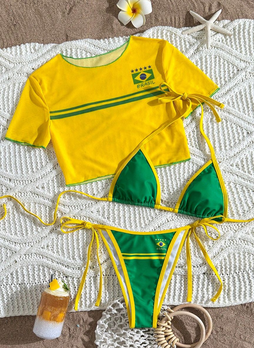 Conjunto Biquíni Eleni Brasil 3 Peças com Top Cropped em Tule, Baha Morenna