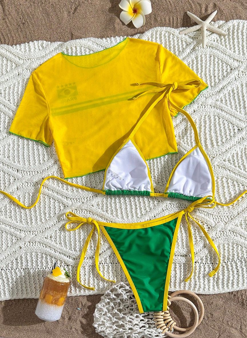 Conjunto Biquíni Eleni Brasil 3 Peças com Top Cropped em Tule, Baha Morenna