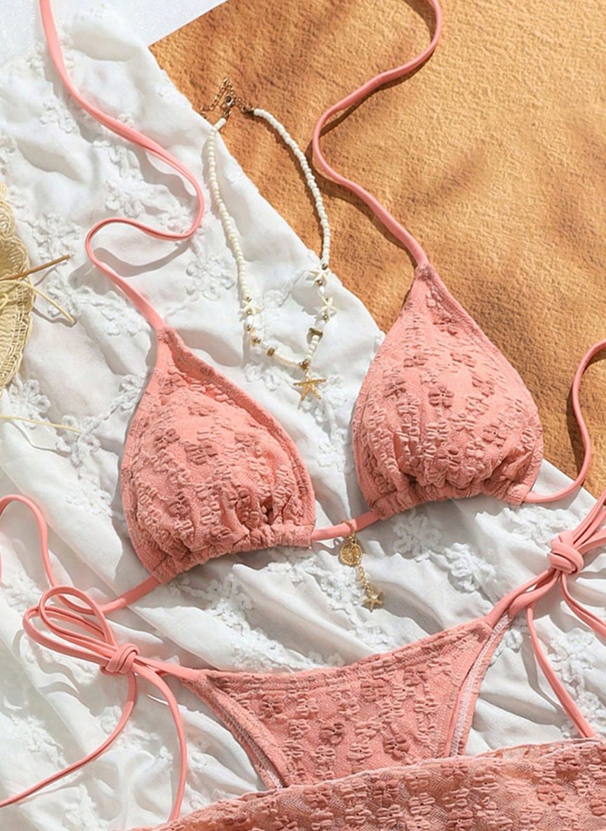 Conjunto Biquíni Lana Rosa com Canga e Textura Floral 3D, Baha Morenna