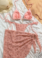 Conjunto Biquíni Lana Rosa com Canga e Textura Floral 3D, Baha Morenna