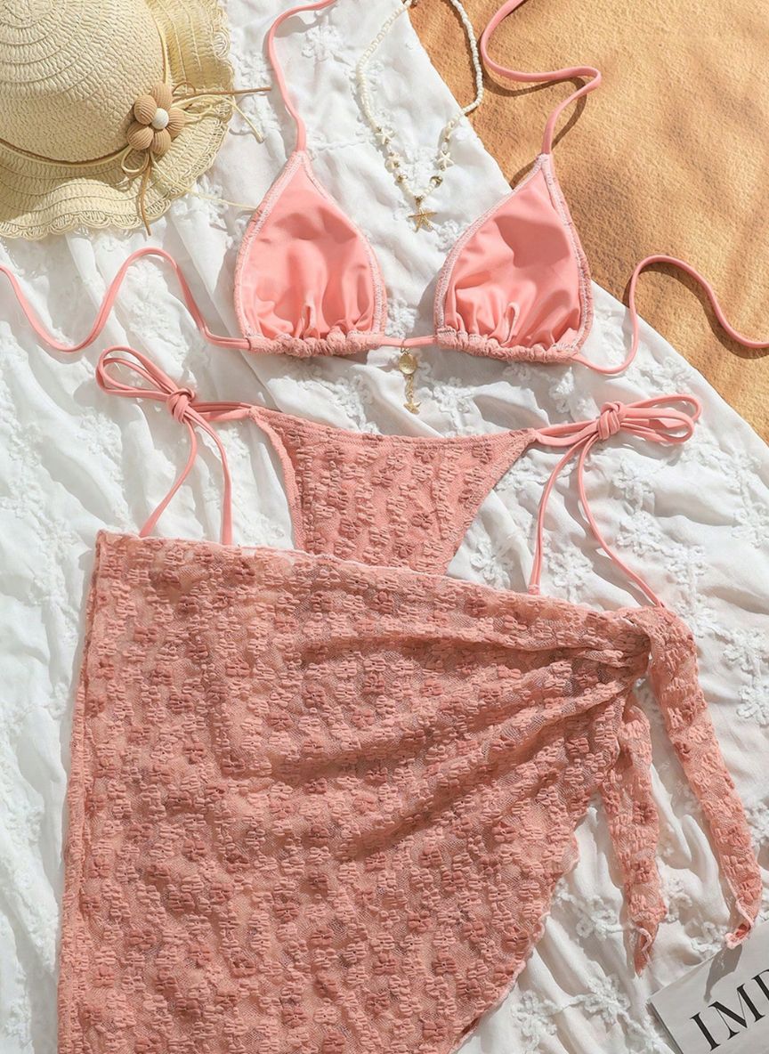 Conjunto Biquíni Lana Rosa com Canga e Textura Floral 3D, Baha Morenna