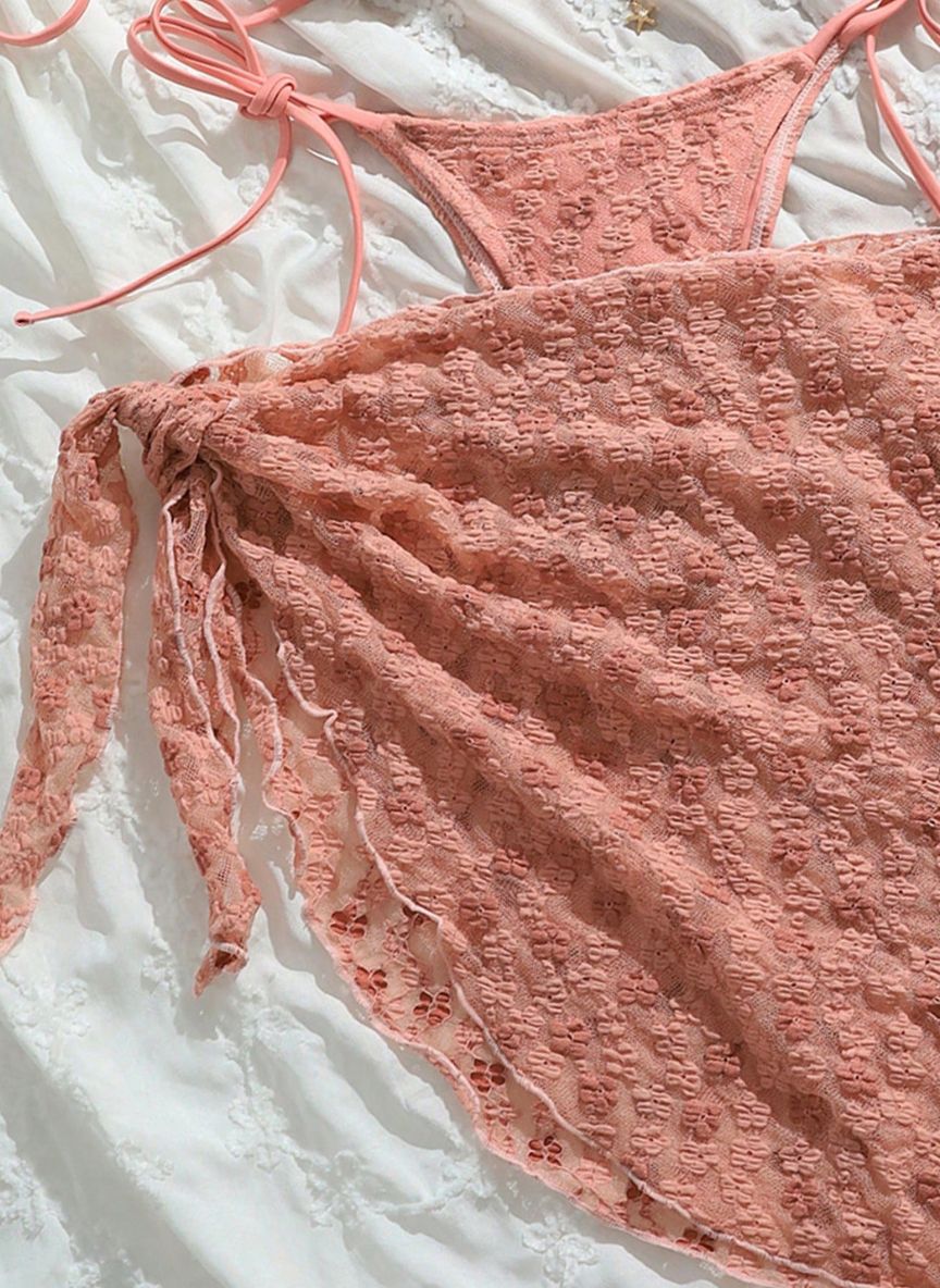 Conjunto Biquíni Lana Rosa com Canga e Textura Floral 3D, Baha Morenna