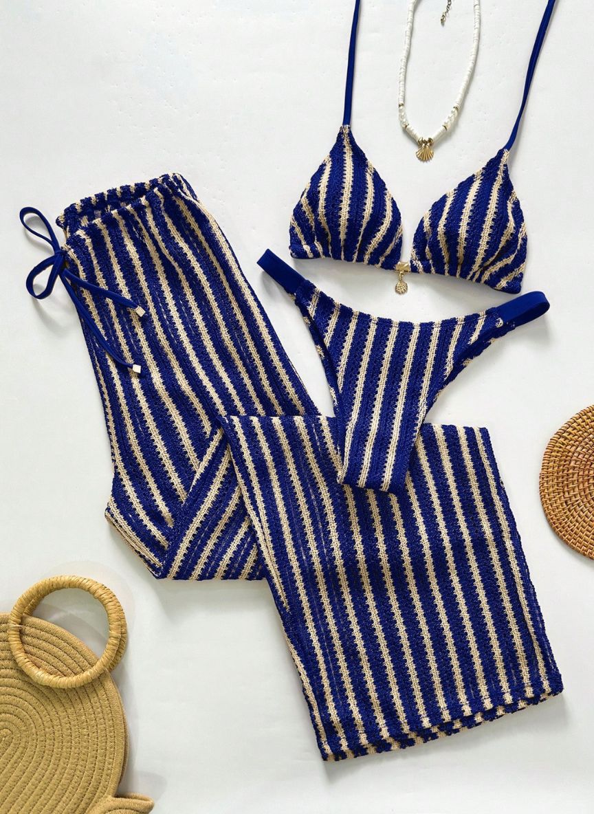 Conjunto Coquille Uyara Biquíni Listrado com Calça Pantalona, Baha Morenna