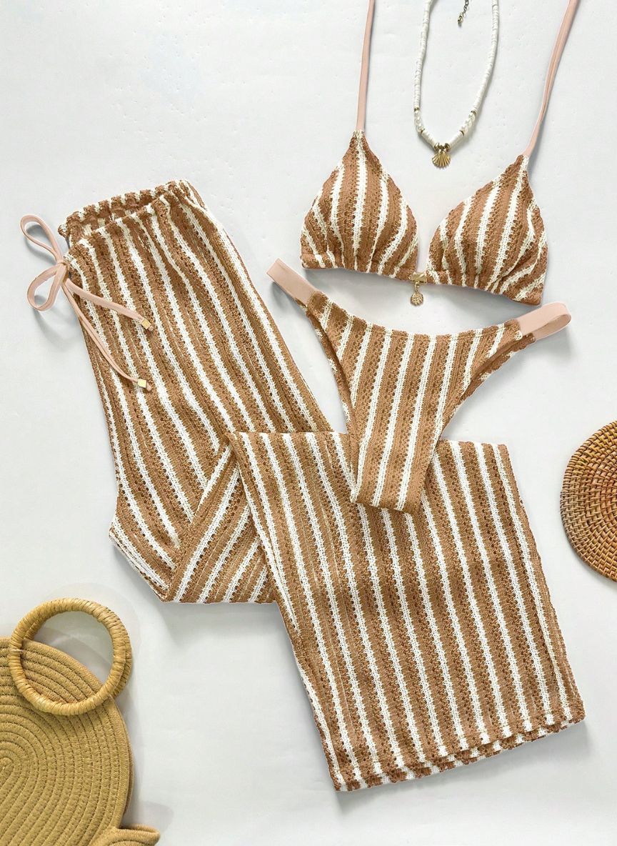Conjunto Coquille Uyara Biquíni Listrado com Calça Pantalona, Baha Morenna