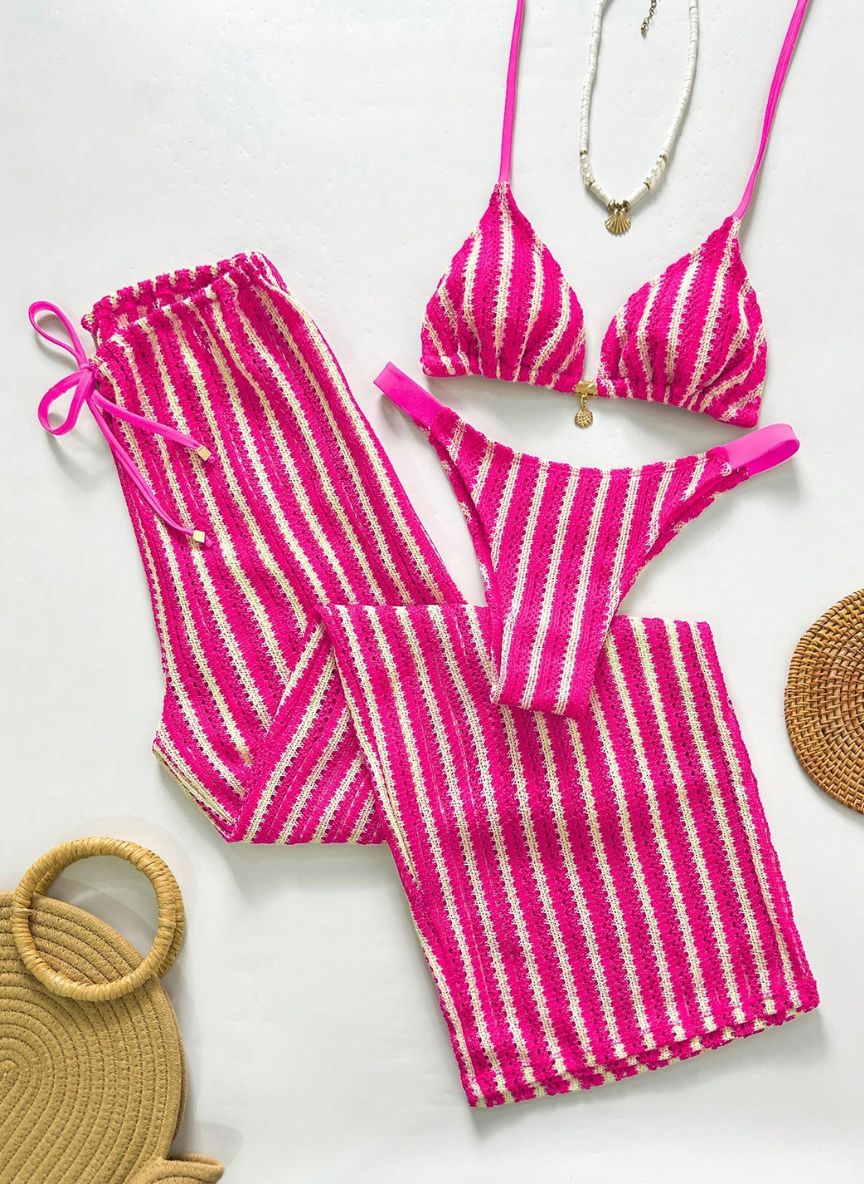 Conjunto Coquille Uyara Biquíni Listrado com Calça Pantalona, Baha Morenna