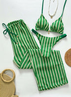 Conjunto Coquille Uyara Biquíni Listrado com Calça Pantalona, Baha Morenna