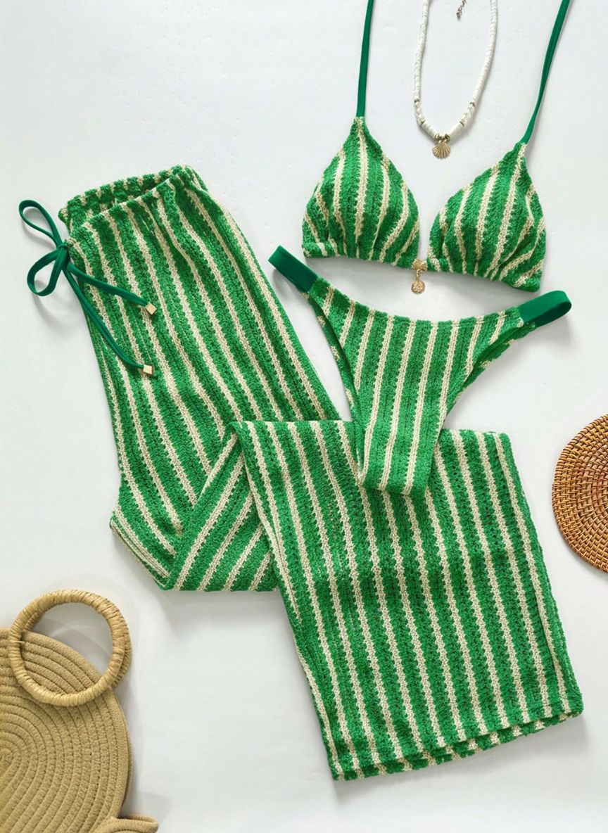 Conjunto Coquille Uyara Biquíni Listrado com Calça Pantalona, Baha Morenna