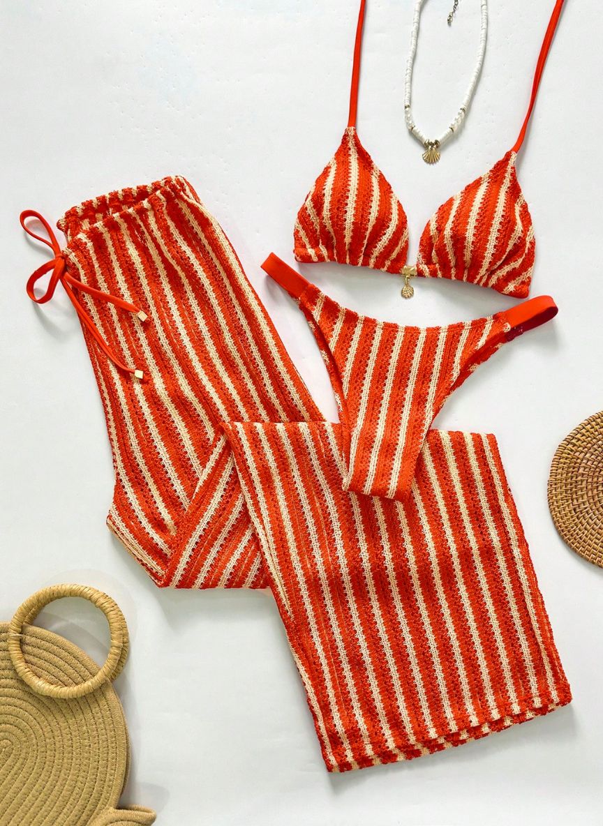 Conjunto Coquille Uyara Biquíni Listrado com Calça Pantalona, Baha Morenna