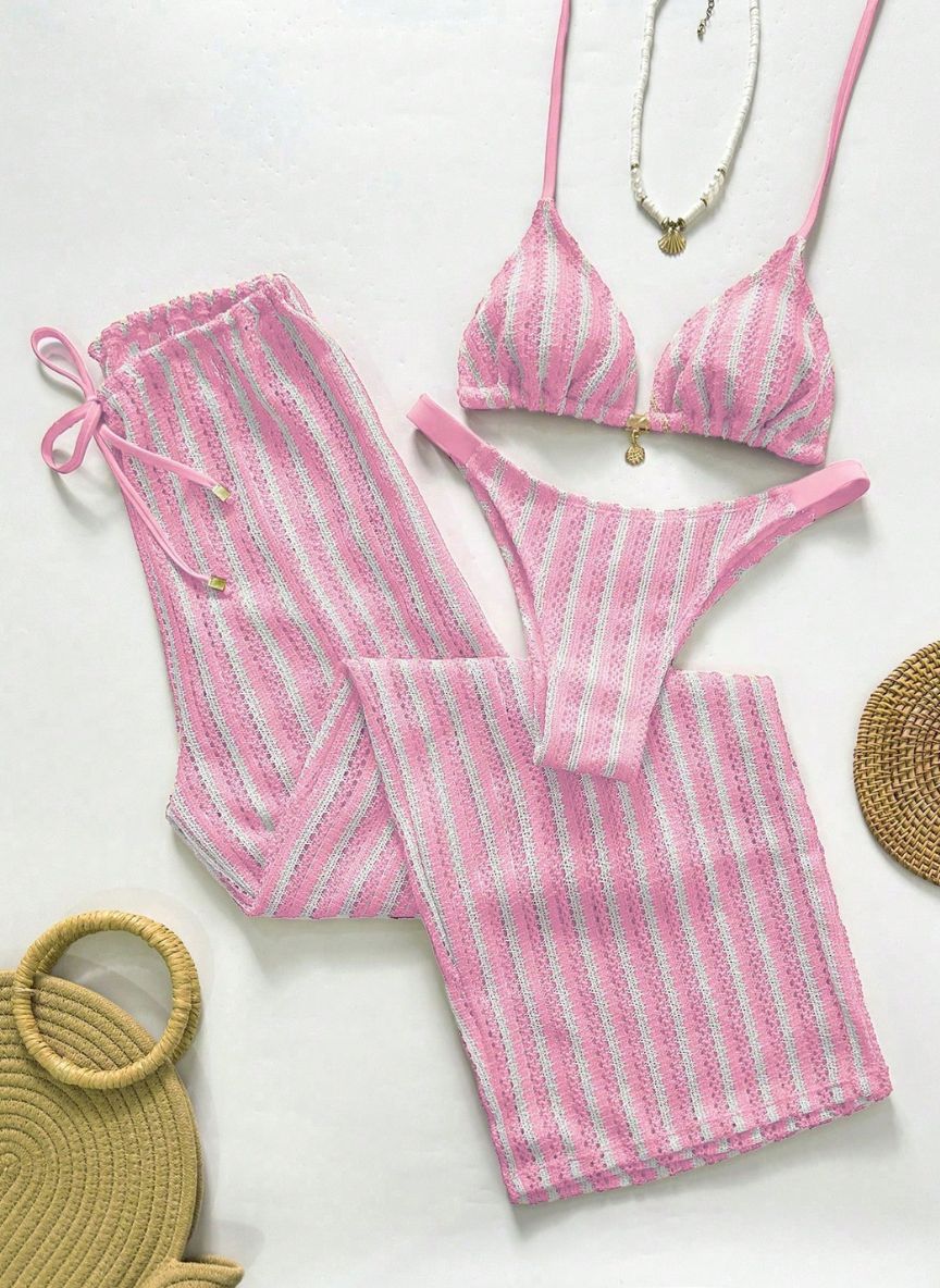 Conjunto Coquille Uyara Biquíni Listrado com Calça Pantalona, Baha Morenna