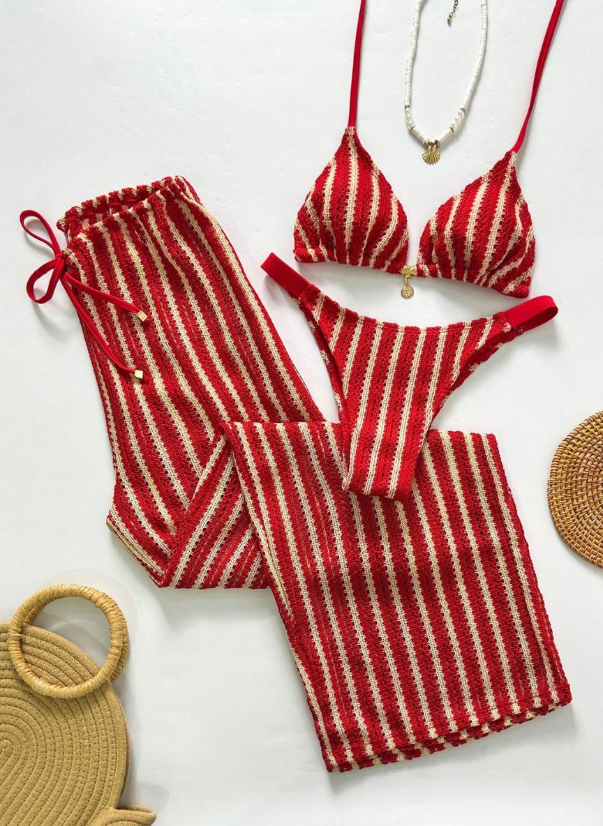 Conjunto Coquille Uyara Biquíni Listrado com Calça Pantalona, Baha Morenna