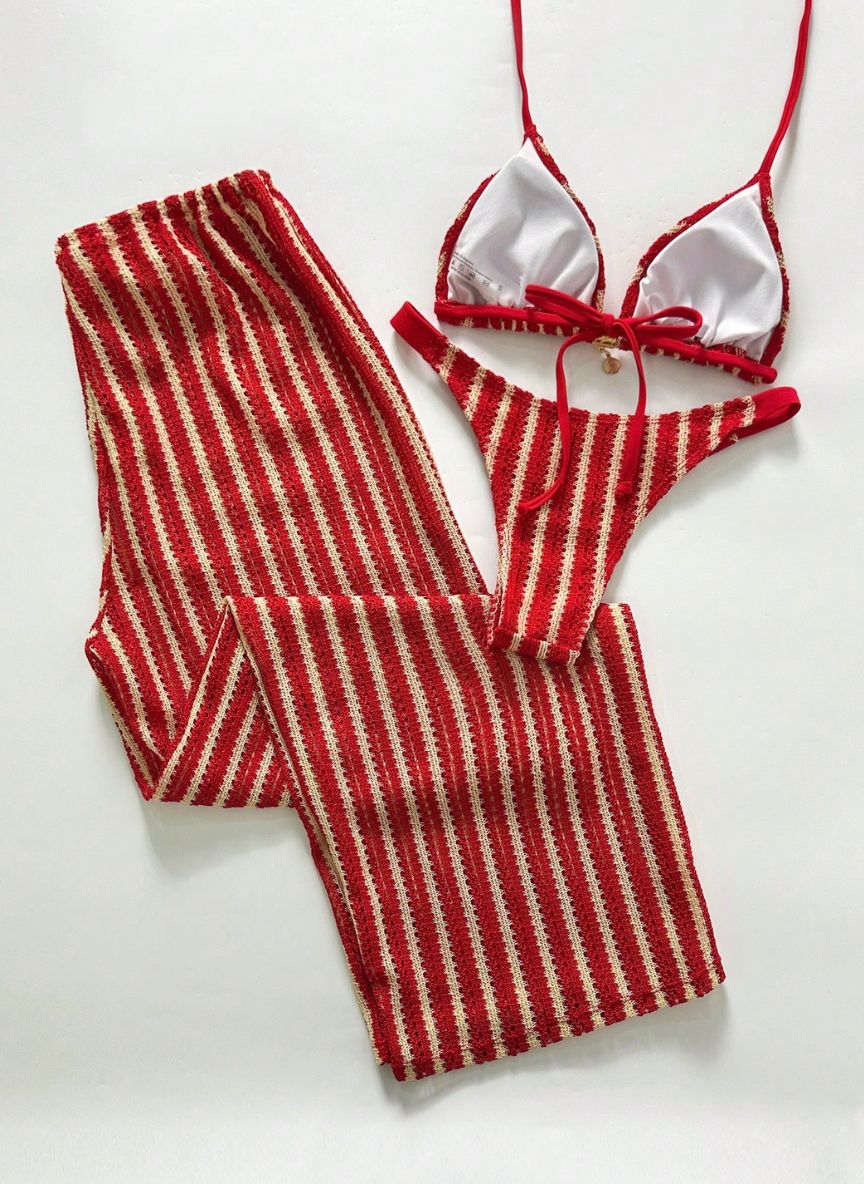 Conjunto Coquille Uyara Biquíni Listrado com Calça Pantalona, Baha Morenna