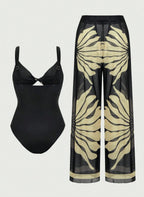 Conjunto Harumi Noir Maiô Cut-Out e Calça Pantalona Estampa Botânica, Baha Morenna