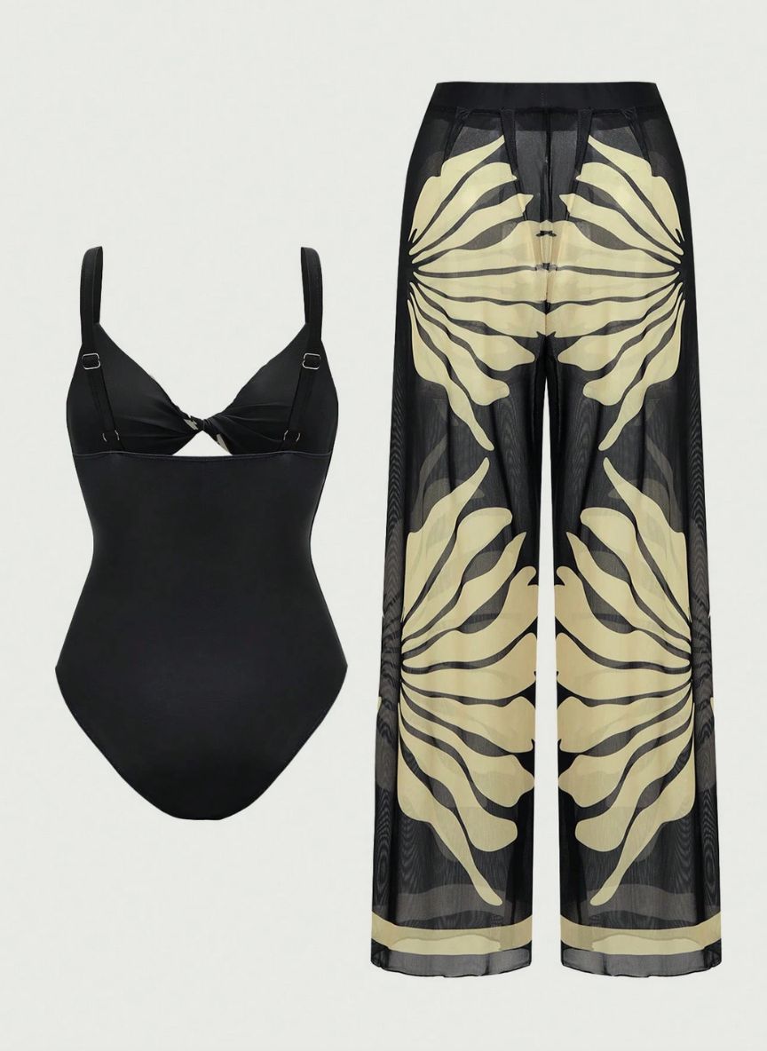 Conjunto Harumi Noir Maiô Cut-Out e Calça Pantalona Estampa Botânica, Baha Morenna