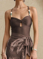 Conjunto Heidi Maiô Texturizado com Pedrarias e Saia Pareô de Palmeiras, Baha Morenna