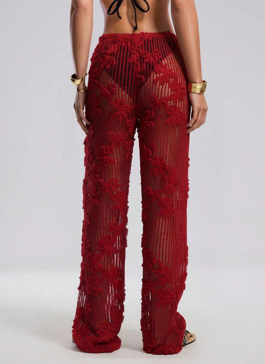 Calça Saída de Praia Noémie em Tricô Floral com Transparência, Baha Morenna