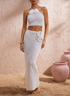 Conjunto Saída de Praia Tricot Fleur Bege com Apliques de Flores, Baha Morenna